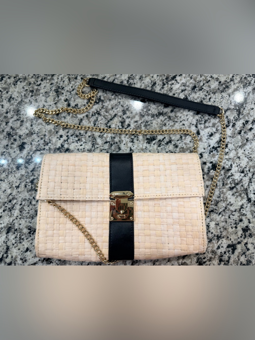 White House Black Market Beige Woven Crossbody with Black Trim and Gold Chain